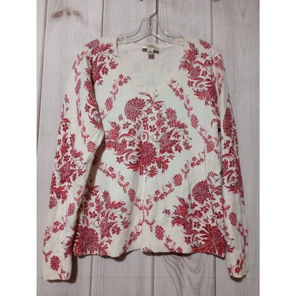 Talbots Sweater Ladies Extra Large Red White Floral Silk Blend VNeck Light Weigh - Picture 1 of 7